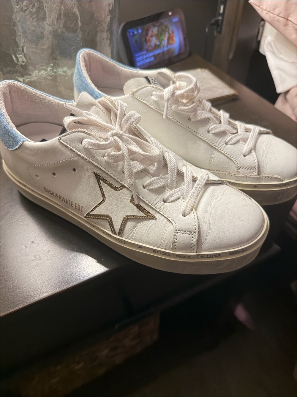 Golden Goose White Leather Low-Top Sneakers with Light Blue Heel Tab